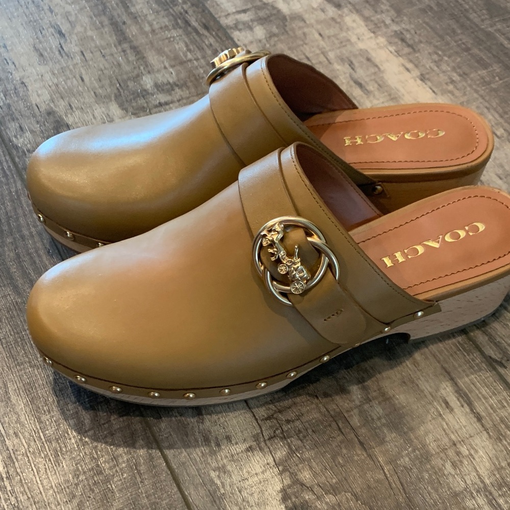 Coach Brown Leather Clogs with Gold Accent